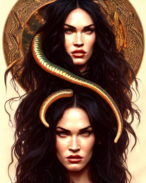 Image similar to portrait of megan fox as medusa, snake hair, serpent hair, greek mythology, intricate, headshot, highly detailed, digital painting, artstation, concept art, sharp focus, cinematic lighting, illustration, art by artgerm and greg rutkowski, alphonse mucha, cgsociety