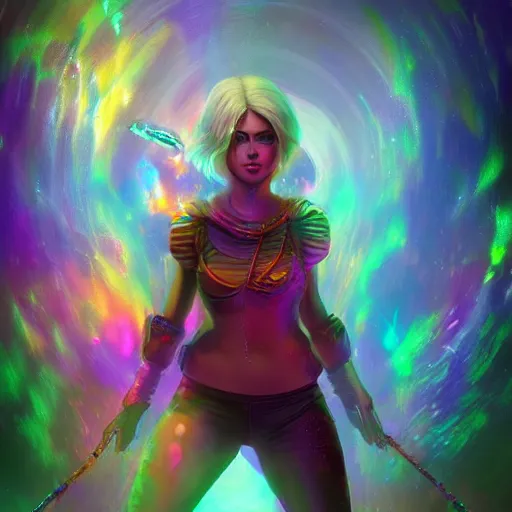 Image similar to Long Shot of psychodelic ciri in mysterious astral temple jumpin with pistol in river of chromatic SPIRITS , beautiful, dmt, trending on artstation, omnious, soft, hypermaximalistic, high details, cinematic, 8k resolution, artwork by Wong, Liam