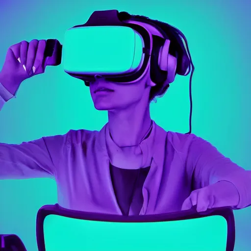 Prompt: digital art of a woman working with a vr headset in a cyan and purple lit room gaspar noe style