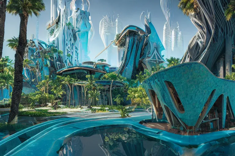 Prompt: highly detailed futuristic architecture by frank lloyd wright and antoni gaudi, reflective lighting, holographic, stylized vegetation, ground - level view, puddles of turquoise water, stunning sunny lighting, sunrise, by vincent di fate and james jean, 8 k, matte painting, ray tracing, unreal engine 5, octane render, cyberpunk, vibrant