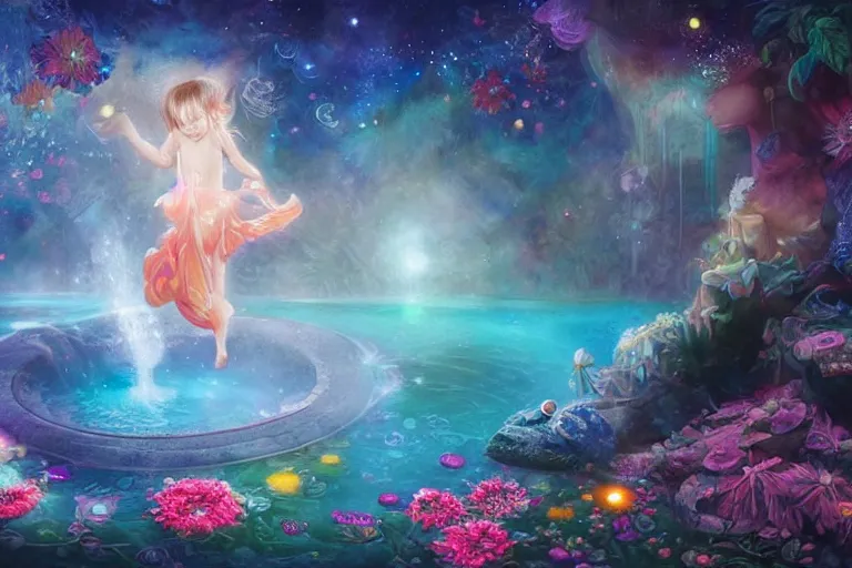 Image similar to a child falling into the pool of fantasy in her dreams, bed, psychedelic, whimsical, 4k, beautiful, a crystal and flower, reflective pool, surrounded by gems, underneath the stars, rainbow fireflies, trending on patreon, deviantart, twitter, artstation, volumetric lighting, heavy contrast, art style of Greg Rutkowski and Miho Hirano and Ross Tran