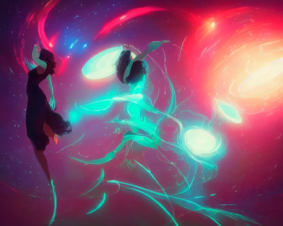 Image similar to beautiful whimsical women standing under a multi-colored binary blackhole with an accretion disc, casting magic, glowing trails following her arms, wearing professional makeup, by Lois van Baarle, by Greg Rutkowski, by artgerm, by beeple, by studio ghibli, cinematic angle, volumetric lighting, 4k resolution, octane render, trending on artstation, masterpiece