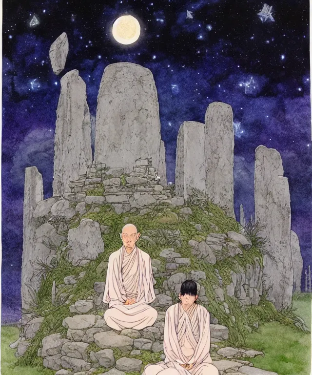 Image similar to a hyperrealist studio ghibli watercolor fantasy concept art of a giant long haired grey witch in lotus position sitting on top of stonehenge with a starry sky in the background. a group of tiny monks are praying them themselves. by rebecca guay, michael kaluta, charles vess