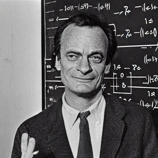 Image similar to richard feynman standing in front of equations on a blackboard, 1960s,