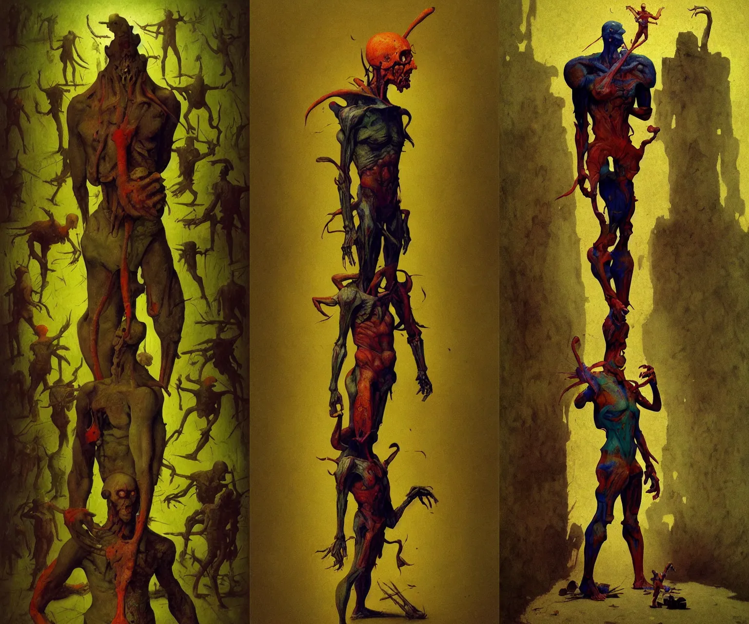 Image similar to full - body portrait surreal colorful clay fighting artstation rpg giant humanoid ghoul character concept art anatomy, action pose, very coherent and colorful high contrast masterpiece by norman rockwell franz sedlacek hieronymus bosch dean ellis gediminas pranckevicius, dark shadows, sunny day, hard lighting, reference sheet white! background