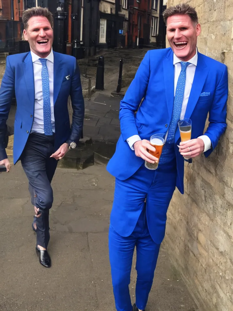 Image similar to Sir Kier Starmer wearing a blue suit laughing and drinking a big pint of lager