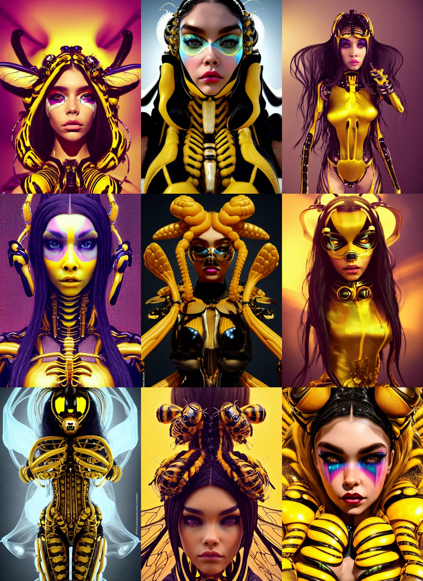 Prompt: madison beer edm bumblebee clowncore cyborg | braids, jewelry | glamorous oily soft polished rich enticing ornate modern metgala | weta disney movie still photo | hi - fructose, sci fi fantasy, geometric golden ratio details, smooth, octane render, sharp focus, artstation, concept art | feng zhu, artgerm, mucha, wlop, loish |