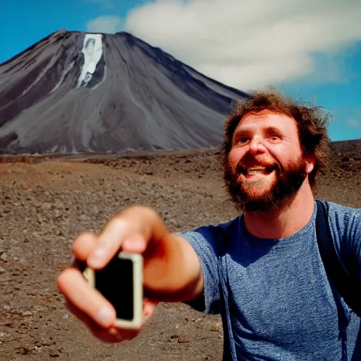 Image similar to caveman taking a selfie in front of a volcano with dinosaurs in the background, 3 5 mm film