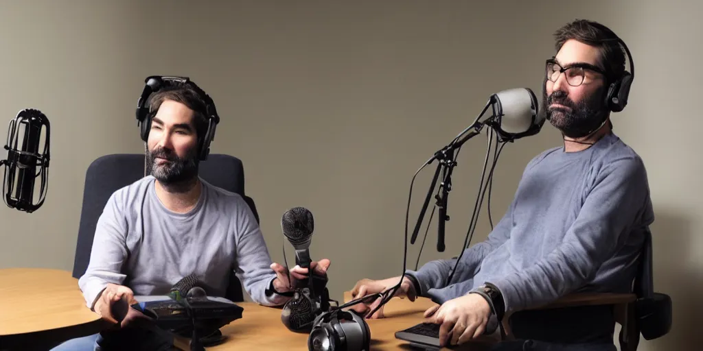 Prompt: adam buxton in a studio recording a podcast with an animal, photorealistic