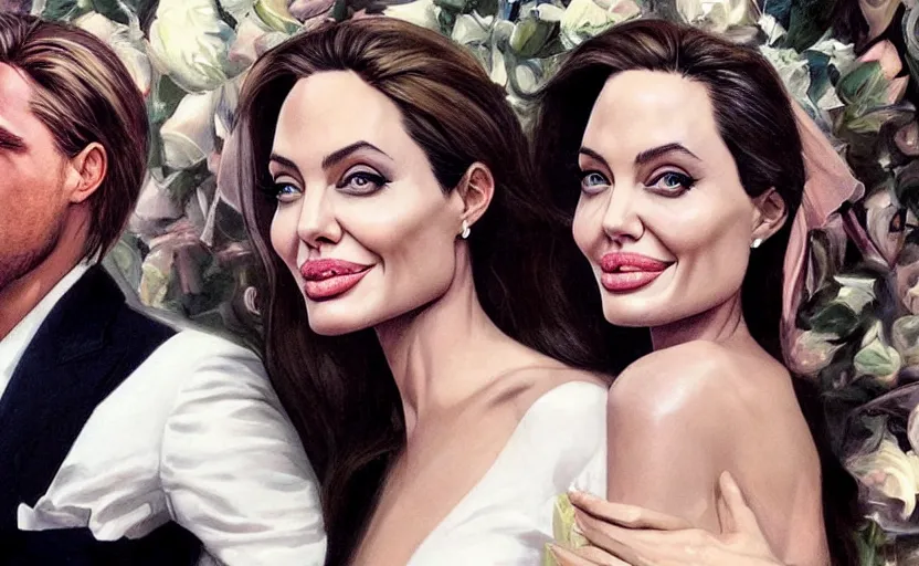 Image similar to Angelina Jolie and Margot Robbie are getting married, wedding couple portrait by Artgerm