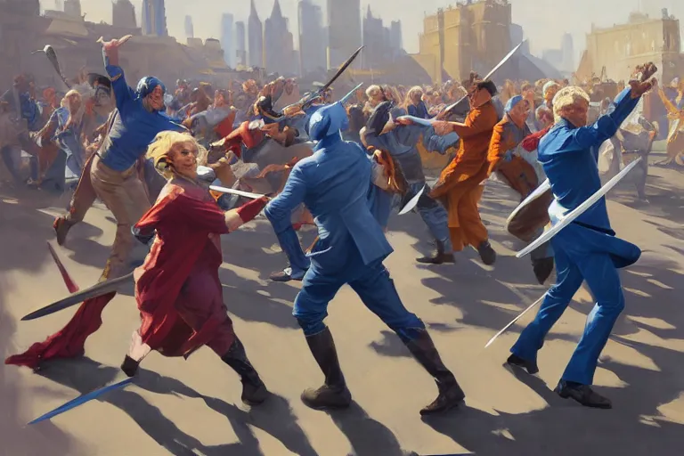 Image similar to greg manchess painting of a crowd throwing swords at a blond man in a blue suit, organic painting, sunny day, matte painting, bold shapes, hard edges, street art, trending on artstation, by huang guangjian, gil elvgren, ruan jia, randy vargas, greg rutkowski