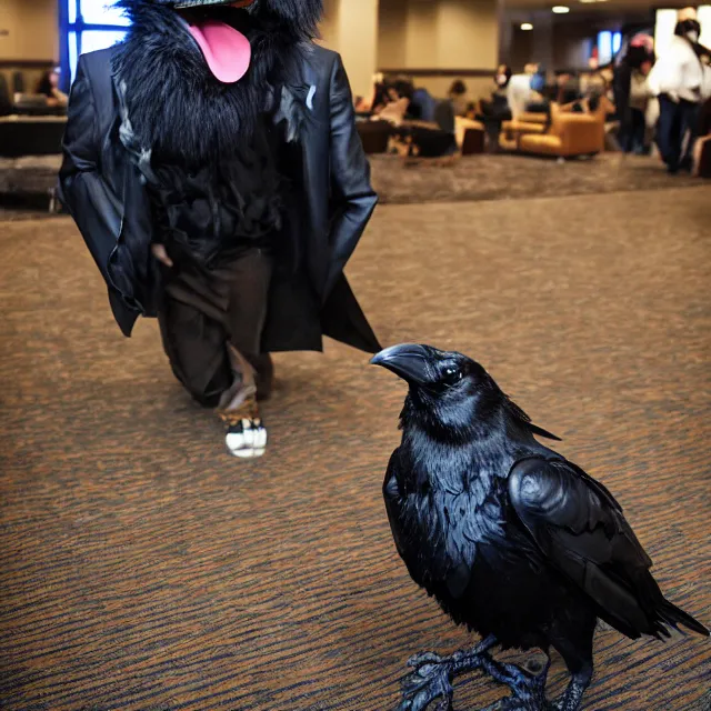 Image similar to a person wearing a fursuit of a crow fursona, fursona, furry convention, hotel lobby, indoors, photograph, furry fandom, photorealistic,