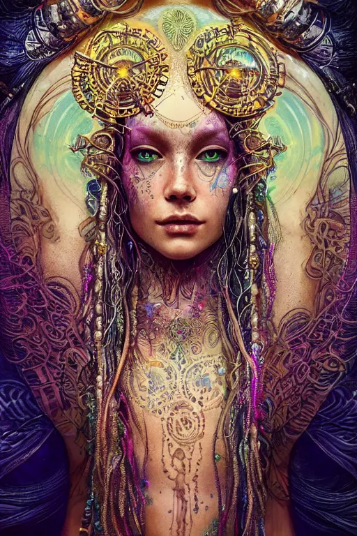 Prompt: a centered render of an mytical festival hippy with tribal tattoos wearing intricate metallic clothing surrounded by a underwater ink pour and flowing liquid gallium and sacred geometry, perfect body and face, gorgeous, cinematic, beautifully lit, by yoann lossel, by karol bak, by donato giancola, 3 d, trending on artstation, octane render, 8 k