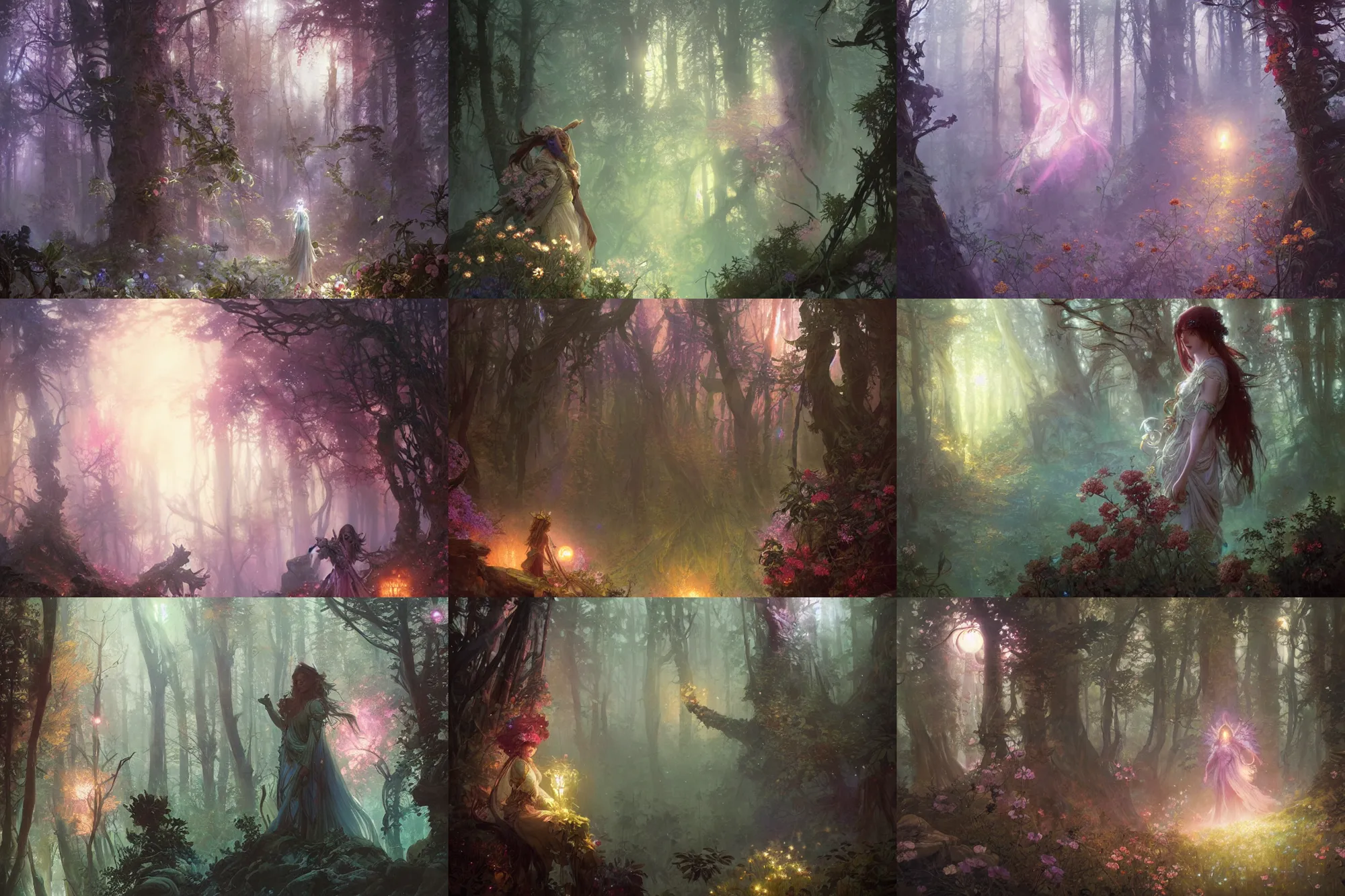 Prompt: epic fantasy, old dark forest, moon, flowers, magic, full color spectrum light, detailed illustration, hd, 4k, overdetailed art, by greg rutkowski, by Alfons Mucha, complementing colors