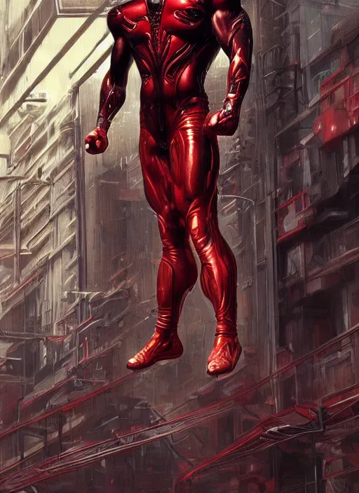 Image similar to portrait of crossfit bodybuilder fitness muscular slim legs sprinter superboyprime!, futuristic detailed ornate cyberpunk costume!, red and black costume!!!, pale skin!, no logo!!!, painted art by tsuyoshi nagano, greg rutkowski, artgerm, alphonse mucha, spike painting