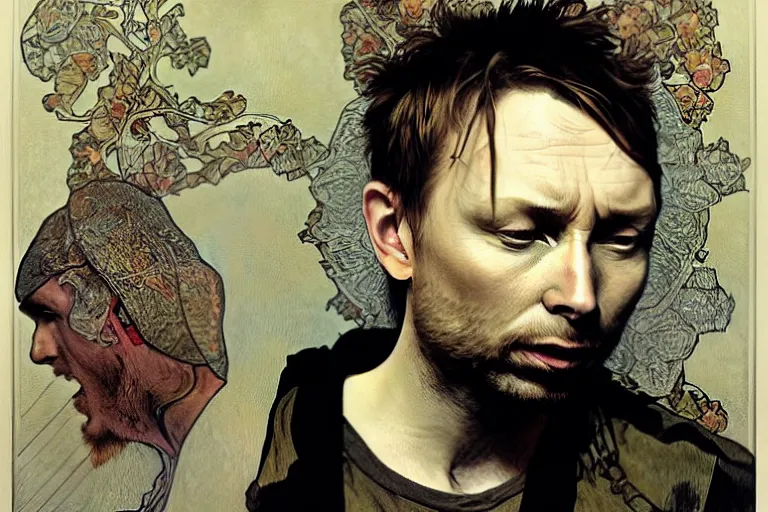 Image similar to hyper realistic portrait of singer songwriter, by lee bermejo, alphonse mucha and greg rutkowski, thom yorke