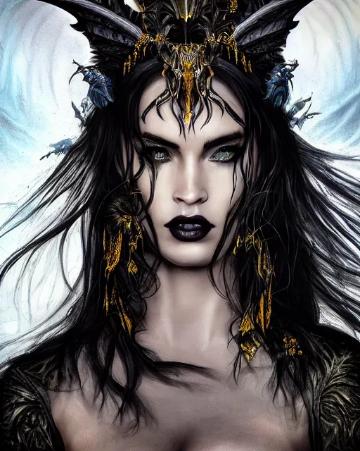 Prompt: very complex hyper-maximalist overdetailed cinematic tribal darkfantasy closeup portrait of a malignant beautiful young dragon queen megan fox with long black hair and wings, Magic the gathering, pale skin and dark eyes,flirting confident seductive, gothic, vibrant high contrast, by andrei riabovitchev, tomasz alen kopera,moleksandra shchaslyva, peter mohrbacher, Omnious intricate, octane, moebius, arney freytag, Fashion photo shoot, glamorous pose, trending on ArtStation, dramatic lighting, Diesel punk, mist, ambient occlusion, volumetric lighting, shot in the photo studio,Deviant-art, hyper detailed illustration, 8k