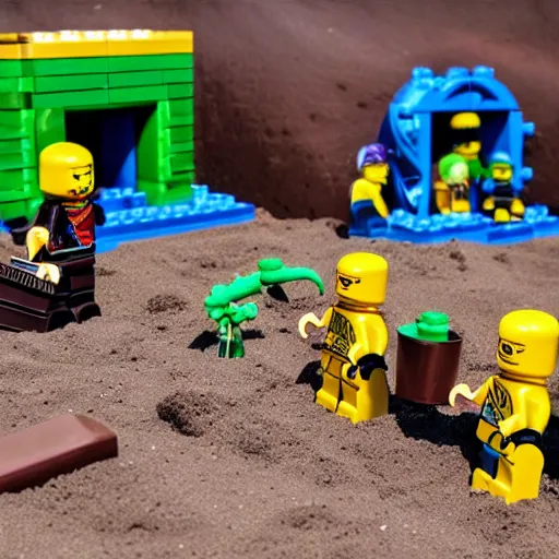 Prompt: lego ninjago ninjas playing in the sandpit