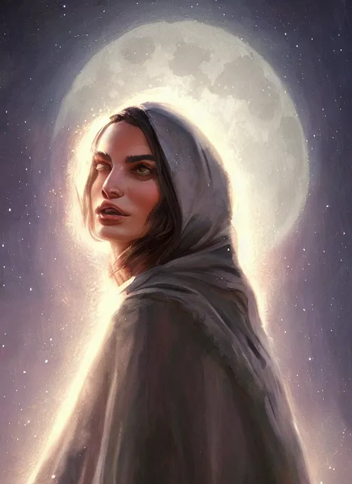 Prompt: detailed portrait of Emily Ratajkowski wearing a cloak over her head, eyes sparkling with starlight a halo of shimmering color around her, the moon in the background, by Jason Jenicke and Jeremy Mann, intricate, beautiful, stylized, detailed, realistic, loose brush strokes, celestial, enduring, captivating, Artstation