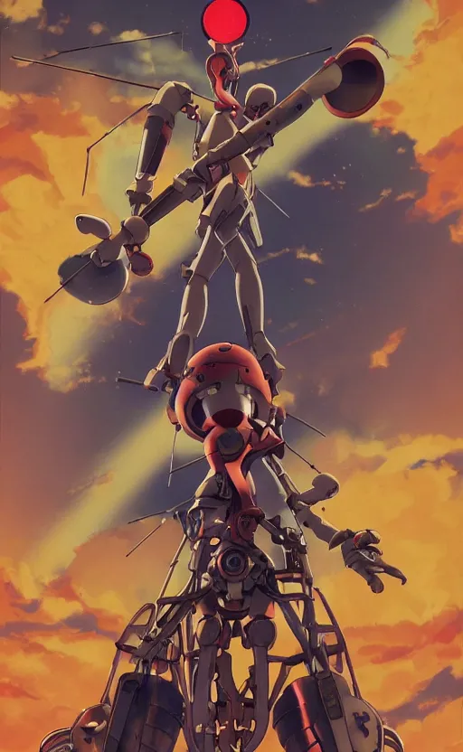 Image similar to evangelion with a mechanical moon lute in its arms, movie poster, 3 d anime, arcane style, retropunk, steampunk, high resolution, 4 k, retrofuturism, studio ghibli, simon stalenhag