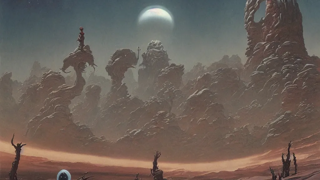 Image similar to eerie atmospheric evolving alien planet by gerald brom and vincent di fate, epic cinematic matte painting