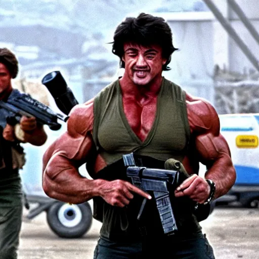 Image similar to stallone rambo and schwarzenegger commando loaded with weapons, derelict tech in the background