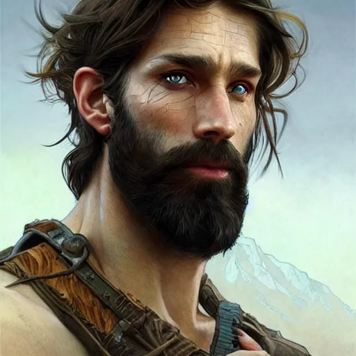 Prompt: Portrait of rugged male ranger, D&D, amber eyes, scars, long hair, long beard muscular, fantasy, intricate, elegant, highly detailed, digital painting, artstation, concept art, smooth, sharp focus, illustration, art by artgerm and greg rutkowski and alphonse mucha