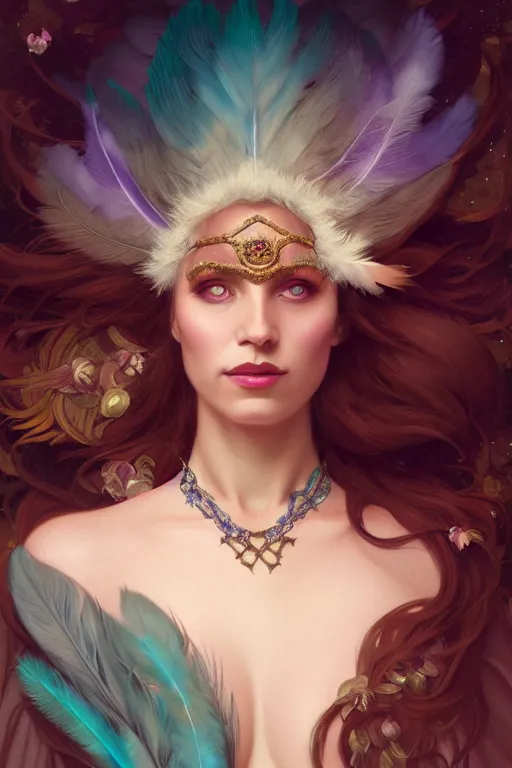 Image similar to ombre velvet gown, beautiful elegant dryad, feathers, beautiful face by leyendecker, long hair, cyan, dozens of jeweled necklaces, by greg rutkowski, brom, anato finnstark, alphonse mucha, oil painting, highly detailed, cinematic lighting, unreal,