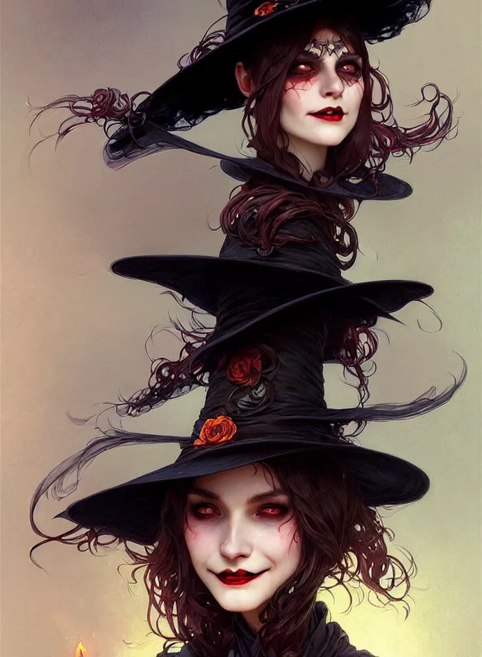 Prompt: halloween witch woman in a hat smiles, fantasy magic, undercut hairstyle, dark light night, intricate, elegant, sharp focus, illustration, highly detailed, digital painting, concept art, matte, art by wlop and artgerm and greg rutkowski and alphonse mucha, masterpiece