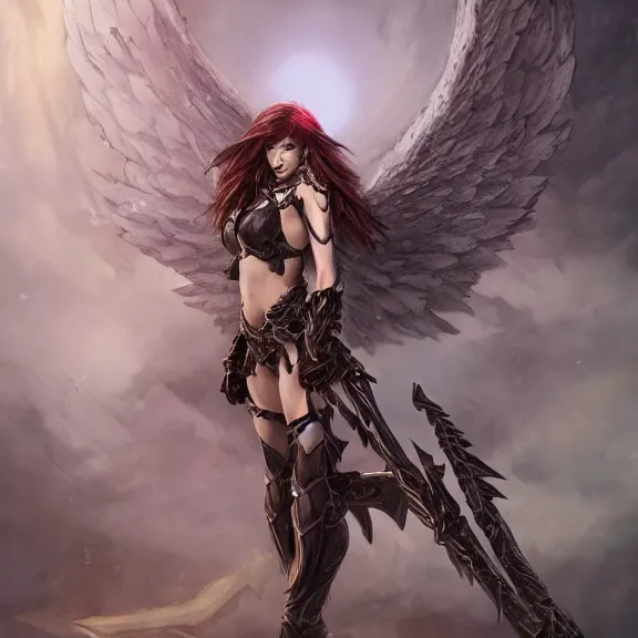 Prompt: A female angel with a dark armour and one pair of vig devil wings , D&D , fantasy , highly detailed, digital art, artstation, smooth, sharp focus, fantasy illustration, art by Peter Tang and artgem and Alina Ivanchenko and Hirokazu Yokohara and Kago Shintaro