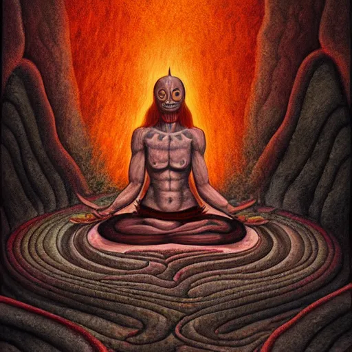 Image similar to a demon meditating near a zen garden with a lava waterfall in hell and opening a portal to heaven by amanda sage and anton semenov, oil on canvas 8k, dramatic lighting