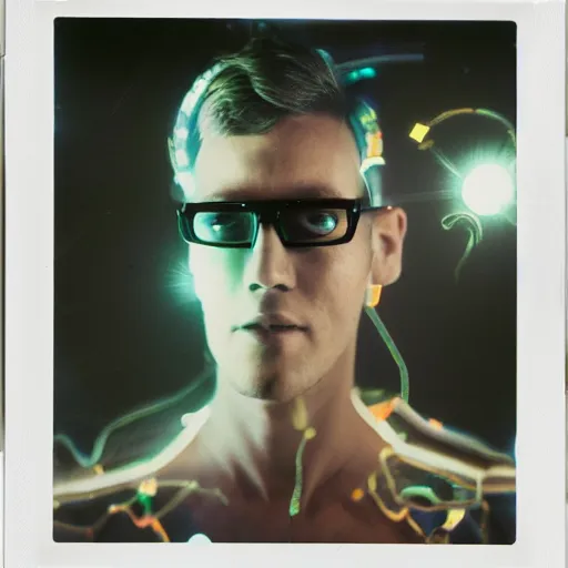 Prompt: cyber - polaroid of a male cyborg with glasses, soft emotion, cybernetic, ethereal curtain, starburst, chrome vortex, vibrant scattered light, reflective glass, lcd screen, 1 9 6 0 s, computer - generated, dreamy