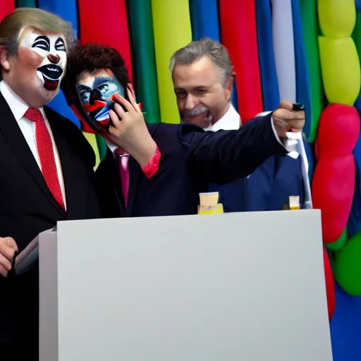 Image similar to a president with clown makeup taking a selfie in a podium next to an angry first minister