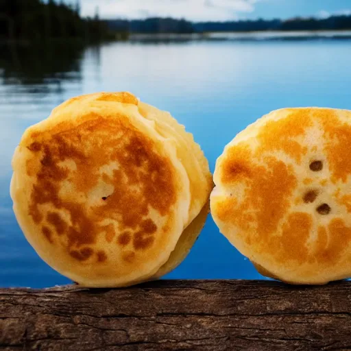 Image similar to two sad crumpets holding hands by a lake