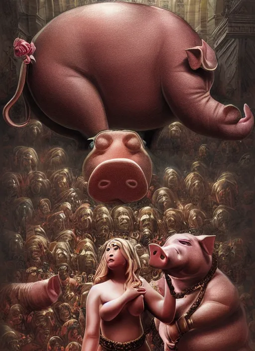 Prompt: an enormous statue of a pig, surrounded by worshippers, cosmic horror painting, elegant intricate digital painting artstation concept art by mark brooks and brad kunkle detailed