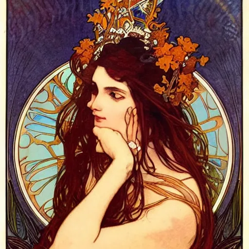 Image similar to akwafina portrait by louis - theophile hingre and alphonse mucha, realistic, sharp focus, zodiac signs, tarot cards, planets, ethereal, art nouveau, magic, moon, sun, crown, dreamy, royal, jewellery