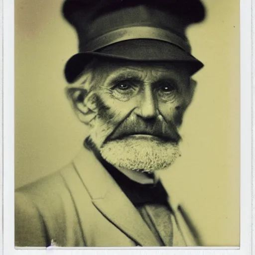 Prompt: polaroid photo of an older man, about 1 2 0 years old, with wrinkles on his face, looking towards infinity with a sad look, a two - day beard and a woolen cap while his lips are chapped by the sun, as well as his dark complexion