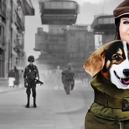 Prompt: female soldier with corgi sniffer dog, old photograph in sci-fi city digital art