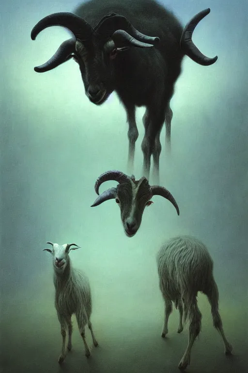 Image similar to painting of hybrid between andy milonakis and a goat, intercrossed animal, mixture animal, by zdzislaw beksinski, by tiffany bozic, cold hue's, warm tone gradient background, concept art, beautiful composition, digital painting