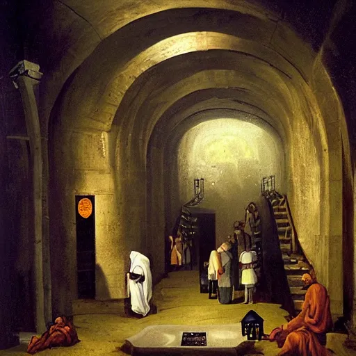 Prompt: underground tunnels inhabited by hooded monks, mechanical computers, lights and switches, portal to the dreamworld, baroque oil painting