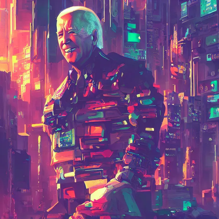 Image similar to Joe Biden enters the metaverse, cyberpunk, striking, colorful, impactful, artstation
