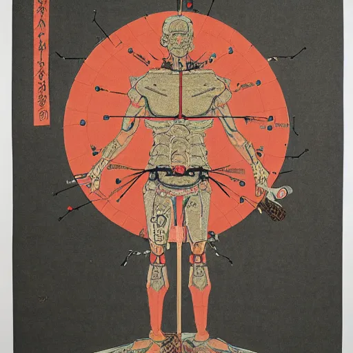 Prompt: a brilliantly colored Japanese scroll of an exploded diagram of a detailed engineering schematic of a cyborg samurai made by an AI in the pose vitruvian man in the style of jean giraud , post-processing , award winning, photo realistic, aged blood stains