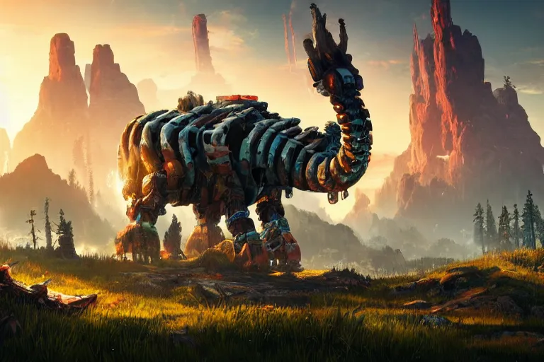 Image similar to tremortusk machine mecanical creature robot of horizon forbidden west horizon zero dawn radiating a glowing aura global illumination ray tracing hdr fanart arstation by ian pesty and alena aenami artworks in 4 k