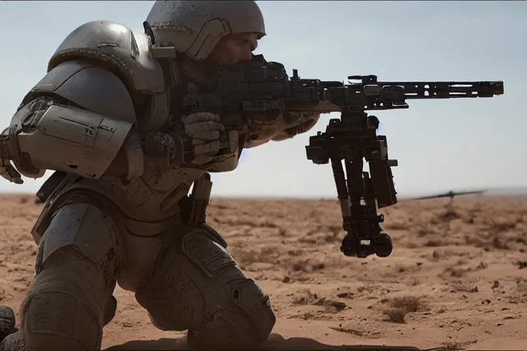 Image similar to VFX movie of a futuristic spacemarine in war zone, shooting gun natural lighting by Emmanuel Lubezki