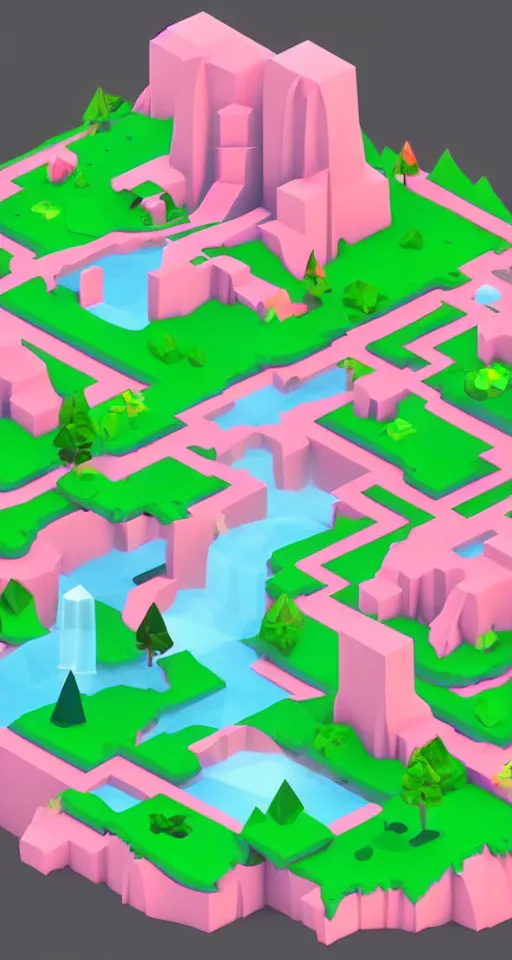 Prompt: a cute little matte low poly isometric cherry blossom forest island, pink waterfalls, mist, lat lighting, soft shadows, trending on artstation, 3d render, monument valley, fez video game,