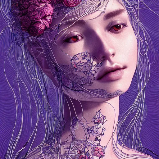 Image similar to a portrait of an incredibly beautiful woman made of potatoes roots and violets, an ultrafine detailed illustration by james jean, final fantasy, intricate linework, bright colors, behance contest winner, vanitas, angular, altermodern, unreal engine 5 highly rendered, global illumination, radiant light, detailed and intricate environment