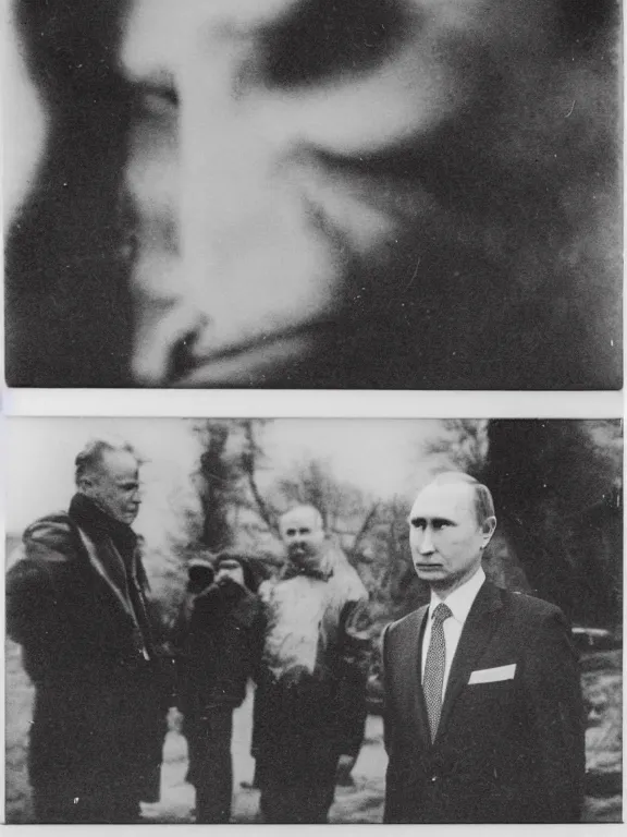 Image similar to Vladimir putin looking at an atomic bomb. polaroid. bleak.