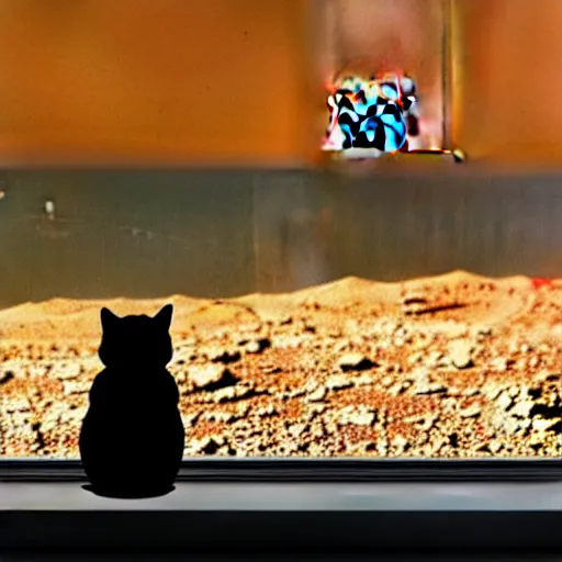 Image similar to cat watching martian landscape, standing inside a futuristic window, next to a food bowl