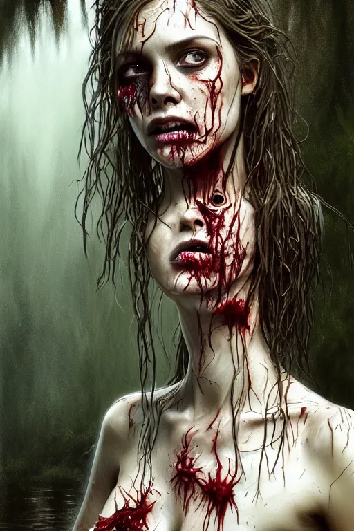 Prompt: full body portrait of walking dead zombie, standing in a pond, soaking wet hair, by terry o'neill intricate, elegant, highly detailed, digital painting, glistening skin, artstation, concept art, smooth, sharp focus, bright lighting, illustration, art by artgerm and greg rutkowski and alphonse mucha, 8 k