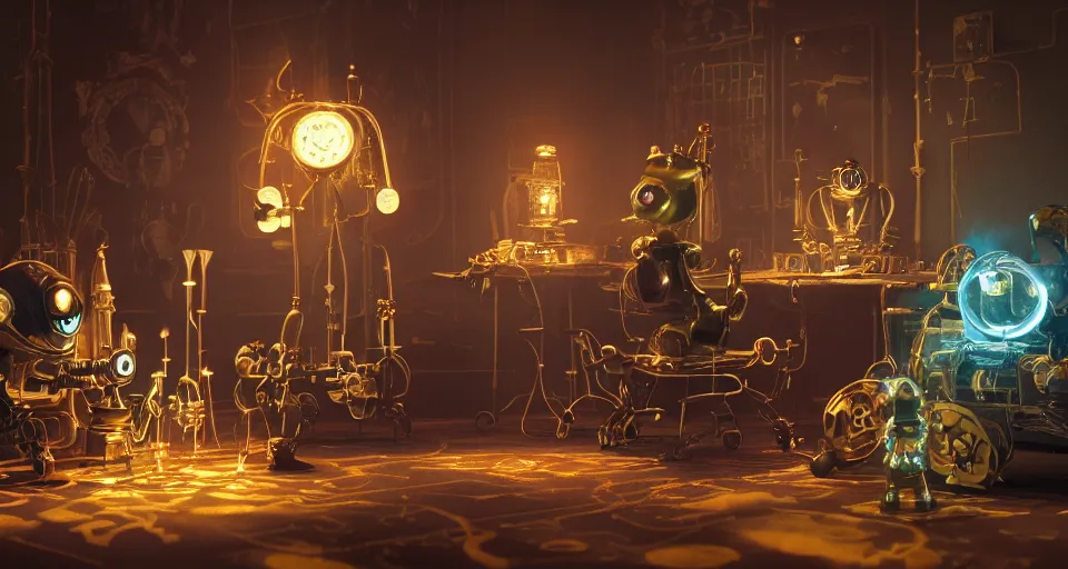 Image similar to a beautiful tapestry, a small robot playing a futuristic holographic chessgame, ultra detailed, atmospheric lighting, steampunk, moody, candles, characters from machinarium, by stanley kubrick, trending on artstation, octane render, 8 k, ultra realistic